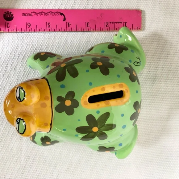 Ganz ceramic green frog piggy bank flowers polka dots EUC hand painted - Picture 13 of 14